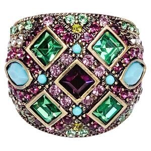 Signed Heidi Daus Statement Ring Sz 6.75 Art Deco Revival Green Purple Blue VTG